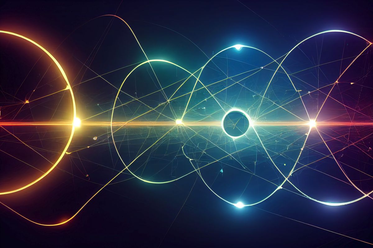 Double slit experiment quantum mechanics: an abstract interference pattern of bright circular light trails representing wave behaviour