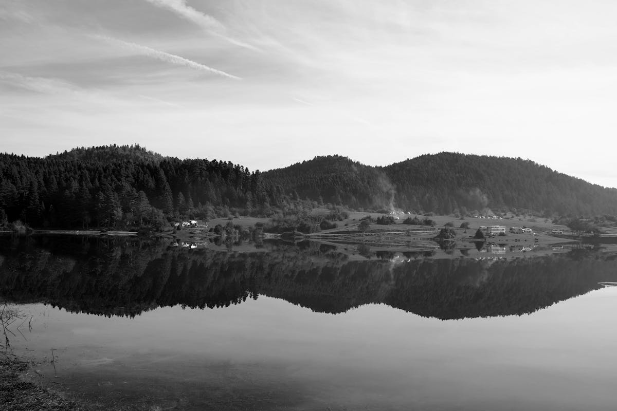 Hills and forest mirrored in a still lake, showing reflection of light
