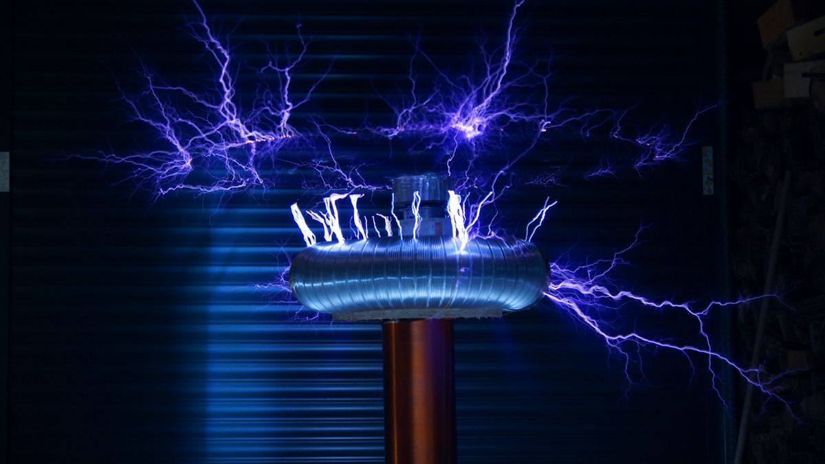 A Tesla coil throwing electric arcs, the same plasma physics as an arc lighter