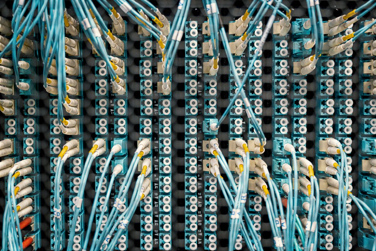 Close-up of ethernet cables plugged into a network switch showing the hardware layer of a fiber optic network