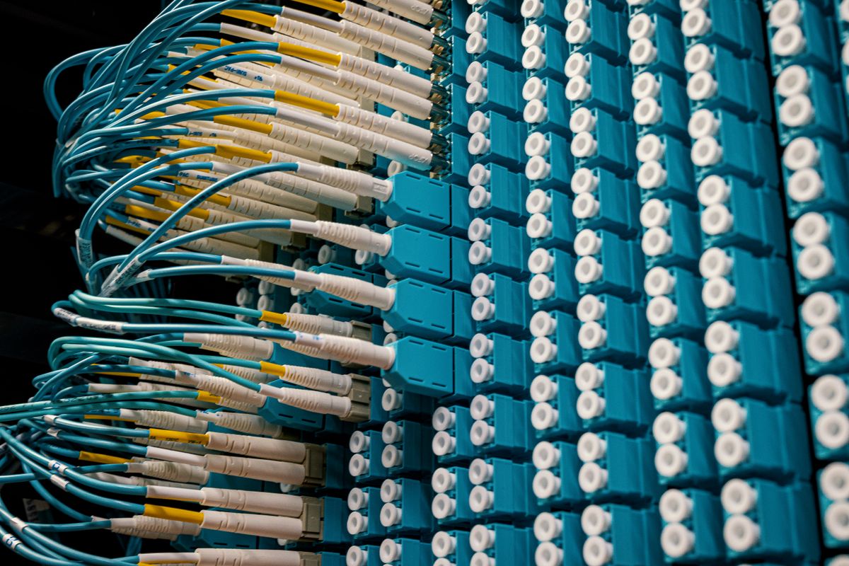 Types of fiber optic cable: fibre optic equipment with colourful rubber cable jackets showing different multimode cables