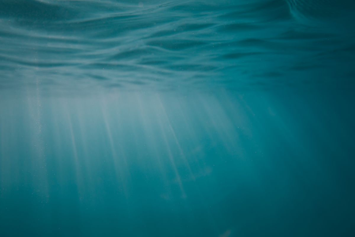 Underwater scene with sunlight rays at the water surface showing how light behaves at different angles near the critical angle of reflection