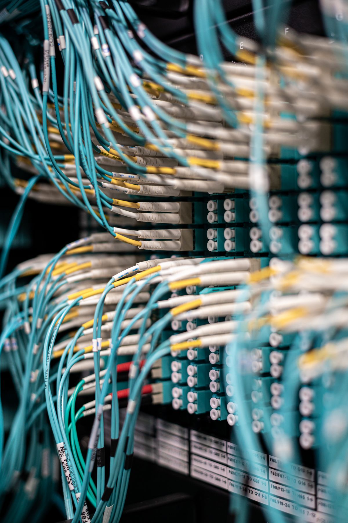 Fiber optic cable buying guide: rows of blue cables plugged into a server patch panel showing organised fiber optic cabling in a data center