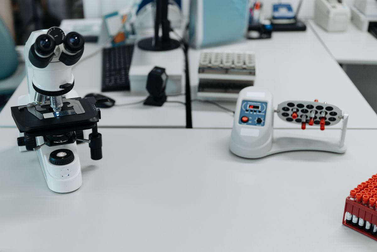 What is the opposite of a telescope? As an instrument it is the microscope, shown here in a lab